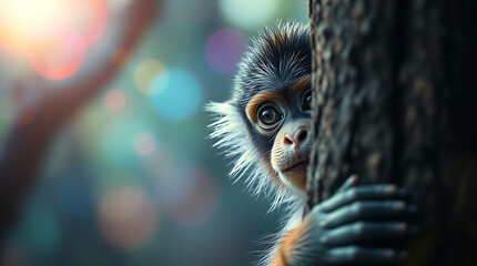 Fototapeta premium a capuchin monkey peeking out from behind a tree trunk