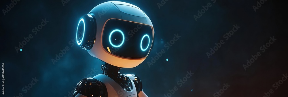 Aufkleber Glowing humanoid robot stands centered against a dark backdrop with an ethereal light in a futuristic setting. Generative AI