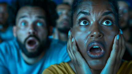Shock and Awe: Close-up shot of a diverse audience reacting with expressions of shock and surprise, mouths agape in a moment of intense suspense. The scene is dimly lit, enhancing the dramatic effect.