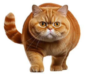 Fat orange cat walking pose with serious facial expression