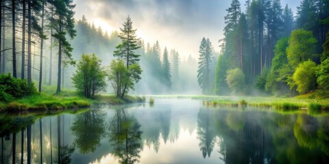 Obraz premium A serene forest pond shrouded in misty fog creates a mystical atmosphere, stillness, nature