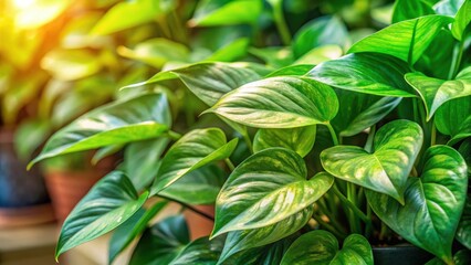 Obraz premium Epipremnum aureum lush green leaves with soft focus on blurred background, foliage, indoor decor, foliage