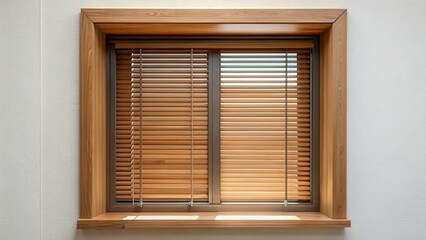 Modern Window with Brown Blinds Closed, wooden window frame, blinds closed