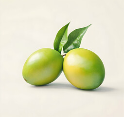 Obraz premium Two unripe mangos with vibrant green hues and fresh leaves displayed against a soft, neutral background in a minimalist style composition