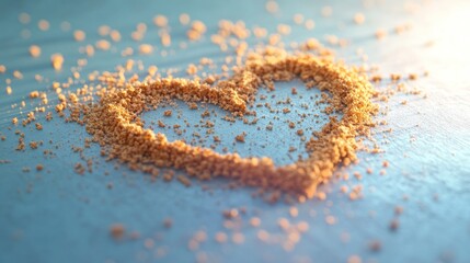 Heart-shaped granola on blue surface, sunlight. Food photography