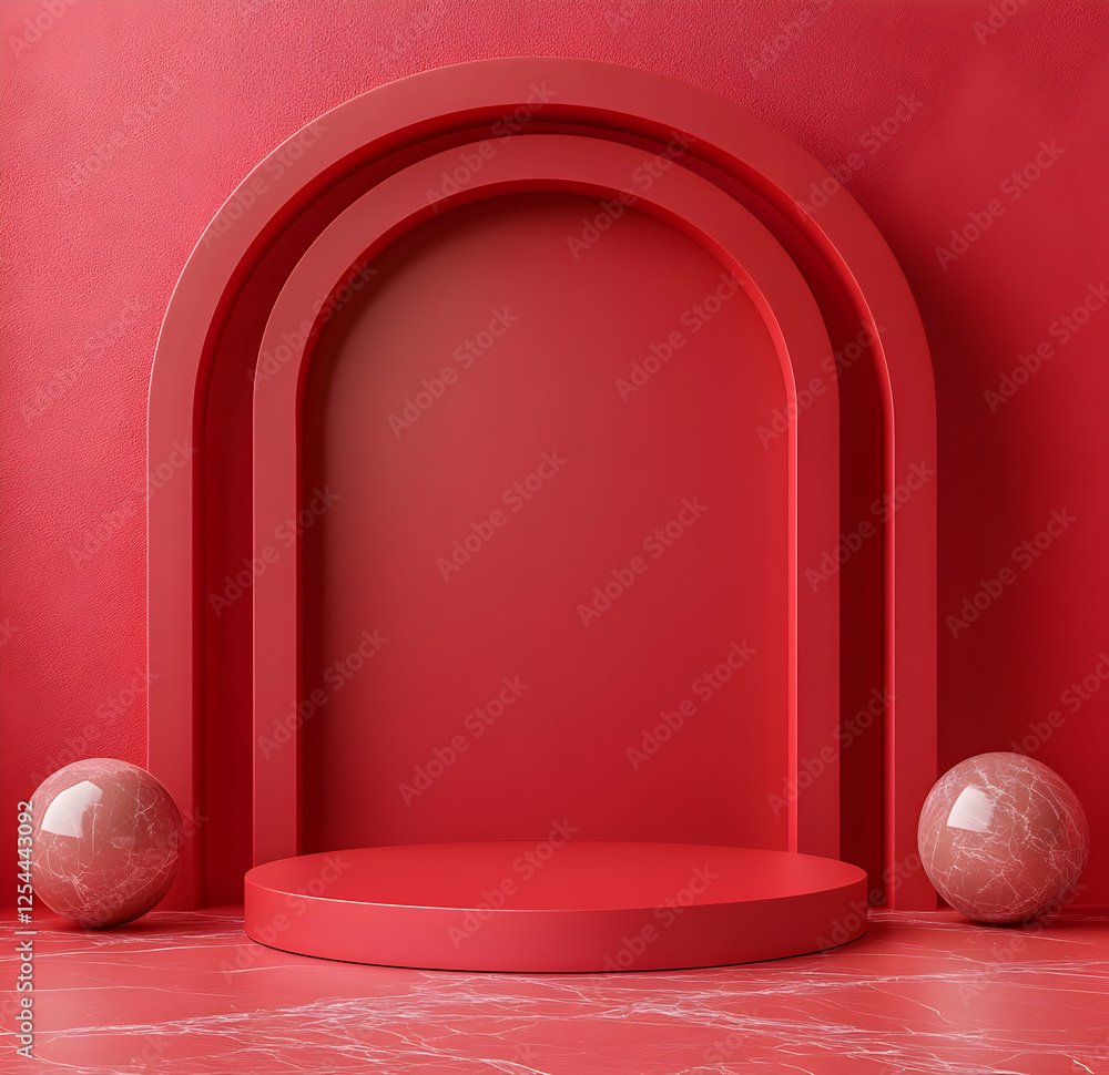 Poster minimalist scarlet showcase setting featuring archways and marble spheres, creating an immersive spa