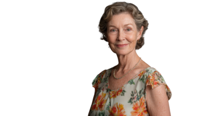 Smiling senior woman with transparent background: elegant portrait of a happy elderly lady