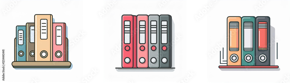 Poster three sets of colorful ring binders are neatly arranged on shelves. the binders are in various color