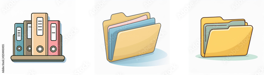 Poster icons depict binders on shelf and open/closed folders, representing file organization, data manageme