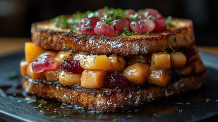 A delicious stack of French toast layered with fresh fruits, drizzled with syrup and garnished with herbs. Perfect for breakfast or brunch lovers looking for a delightful treat.