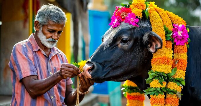 Man Decorating Cow for Pongal Festival