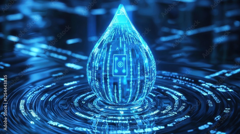 Poster a futuristic water drop with a glowing blue interface and binary code patterns, representing ai in h