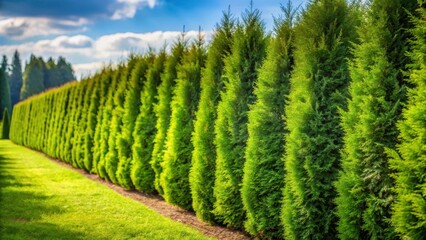 Fototapeta na wymiar Hedge of Green Thuja on a Sunny Day, sunny day, summer foliage, sunny day,summer foliage