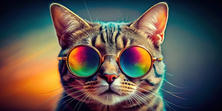 Stylish feline wearing fashionable sunglasses with rounded frames and brightly colored lenses, eccentric, pet, eccentric,pet