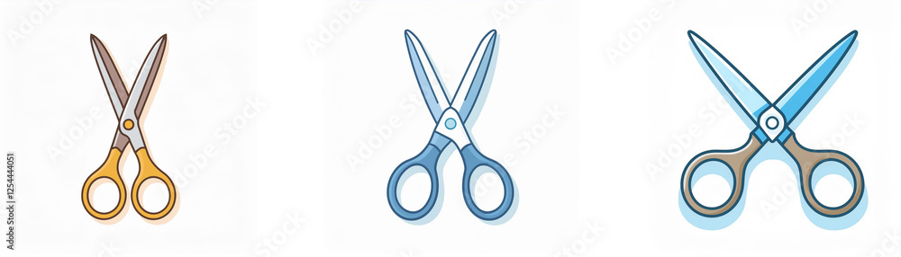 Poster three scissors are displayed horizontally against a white background. the first pair has gold handle