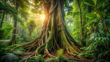 Dense foliage and vines surround a massive ancient tree trunk in the heart of a deep tropical jungle in Southeast Asia , dense