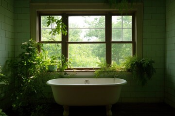 Fototapeta premium Serene bathroom with a vintage bathtub surrounded by lush greenery and natural light