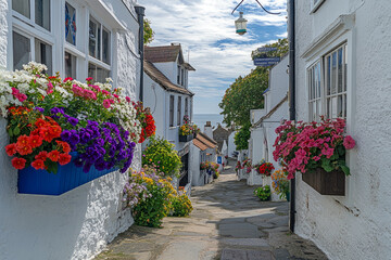 Fototapeta premium Charming narrow street with colorful flowers and sea view