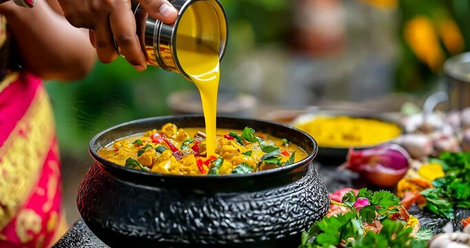 Woman Pouring Ghee on Pongal Dish