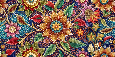 Intricate batik design with colorful floral patterns and geometric shapes , geometric, cultural heritage,  geometric