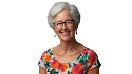 Smiling senior woman with glasses on transparent background