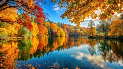 A serene lake surrounded by vibrant autumn leaves and trees with golden hues, creating a picturesque scene of nature's beauty, fall colors, tranquil lake