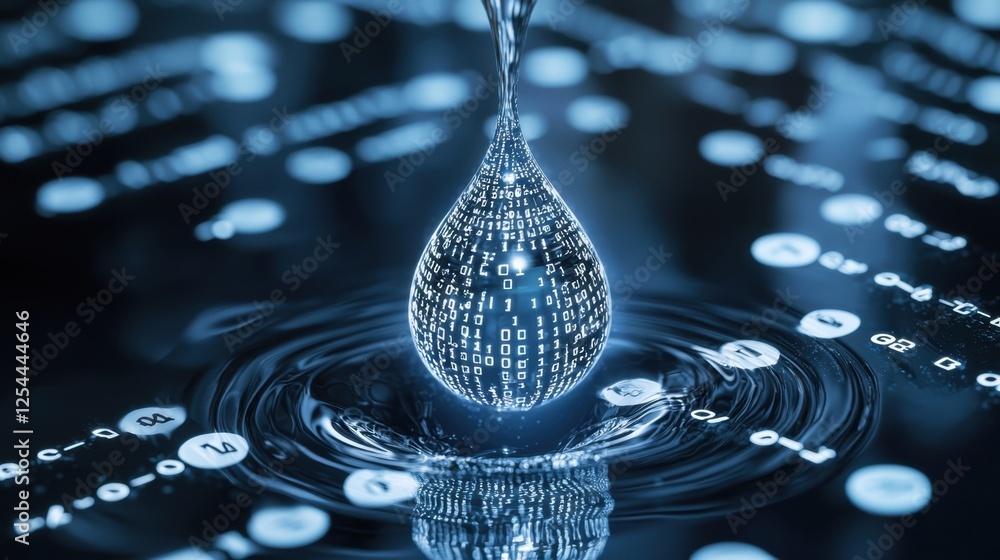 Poster a high-tech digital water droplet with binary code overlays, illustrating data-driven environmental 