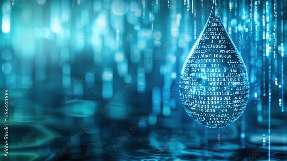 Poster a high-tech digital water droplet with binary code overlays, illustrating data-driven environmental 