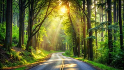 Obraz premium Serene winding road amidst tall trees in a lush forest with sunlight filtering through leaves