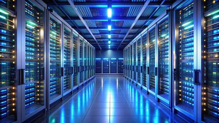 Fototapeta premium Modern server room with rows of glowing LED lights on server racks, surrounded by tall metal shelves and humming computer equipment, electronic devices , computer hardware