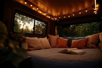 Fototapeta premium Cozy van interior with warm lighting, plush cushions, and an open book, surrounded by nature