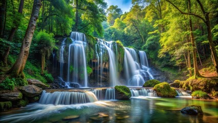 Fototapeta premium Forest Waterfall Panorama, nature, scenery, nature, scenery, sunlight, waterfall, wilderness