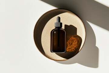 Obraz premium Elegant amber dropper bottle resting on a textured plate, casting a soft shadow in minimalistic setting