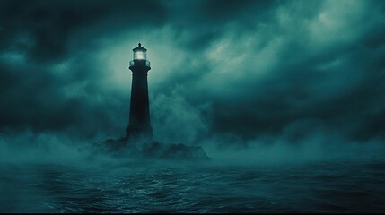 A maritime-themed watercolor painting of a lighthouse standing tall against a foggy seascape, glowing warmly amidst the mist