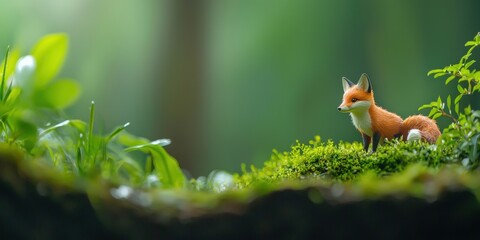 Obraz premium A small fox stands on lush green moss, surrounded by soft foliage in a serene, blurred forest setting.