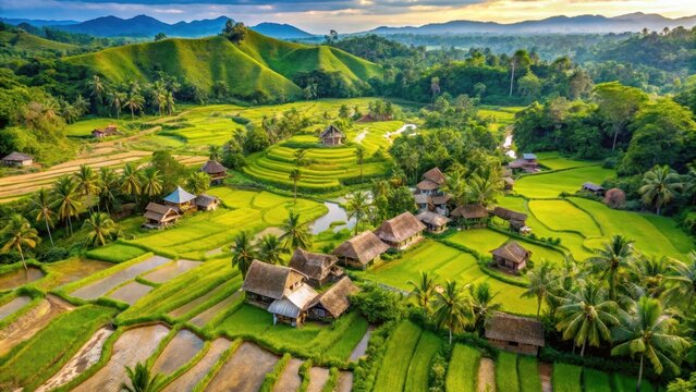 Traditional Sumba village from a bird's eye view amidst lush greenery and rice fields, birds eye view, isolated location