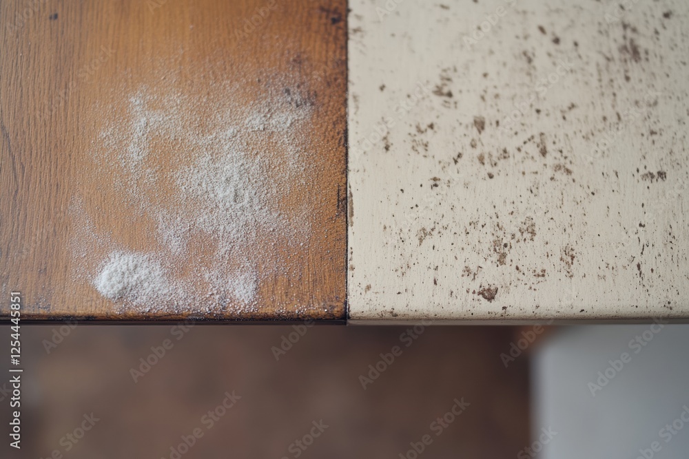 Poster comparison of dusty and clean surfaces on furniture highlighting the importance of regular cleaning 