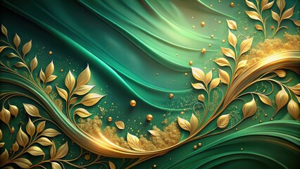 Luxurious gold leaf art on a green abstract background with swirling patterns of gold and emerald hues creating an opulent and high-end feel, decorative, luxury