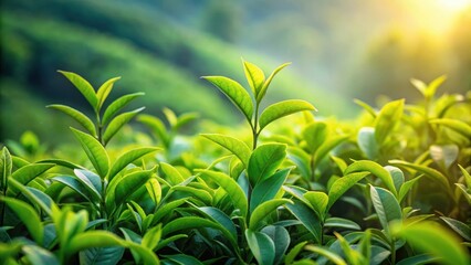 Obraz premium Dense foliage and intricate details of lush green tea plants in a serene close-up view, verdant, scenery, verdant