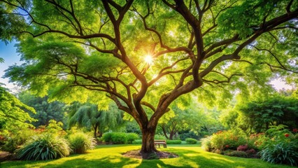 Neem tree with lush green branches and leaves in a beautiful garden setting, surrounded by other trees and flowers, with sunlight filtering through the leaves , tree, garden
