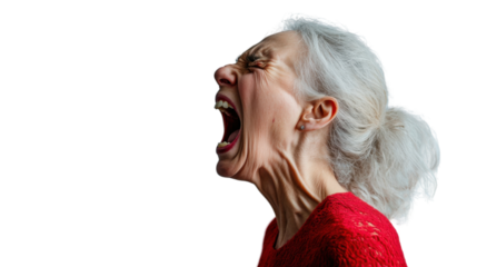 Angry senior woman shouting with transparent background