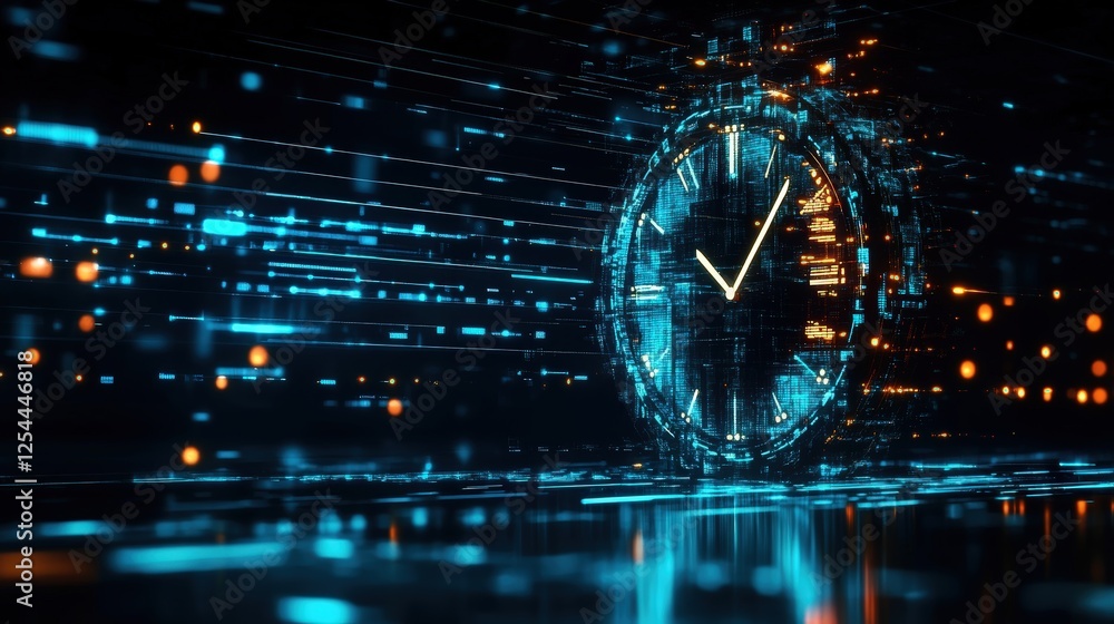 Poster futuristic digital clock concept with high-tech background featuring glowing lights and data streams