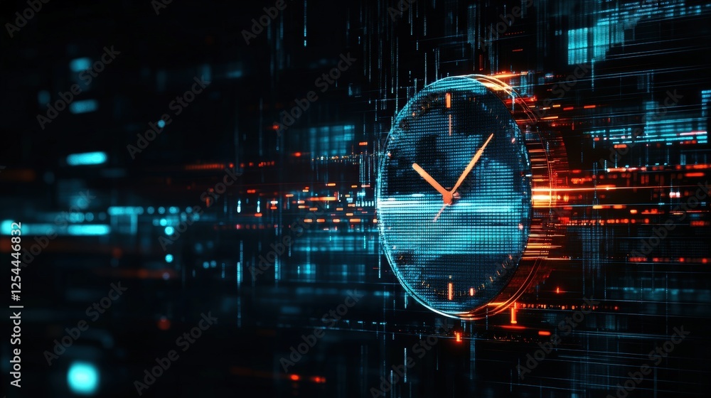 Poster digital clock concept with timeline visualization on futuristic background for technological and inn