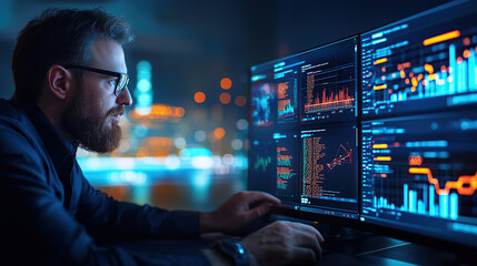 man analyzing data on multiple computer screens in dimly lit office, focusing on real time optimization and complex analytics. screens display various graphs and charts with vibrant colors