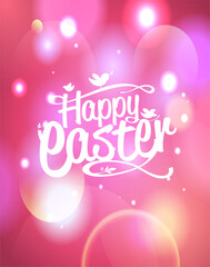 Happy Easter card vector template with bokeh lights background and hand drawn lettering