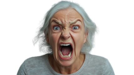 Angry senior woman shouting with transparent background