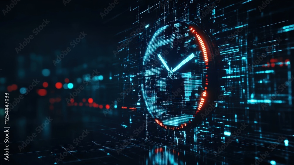 Poster digital clock concept in cyber background with dynamic elements and neon colors representing modern 