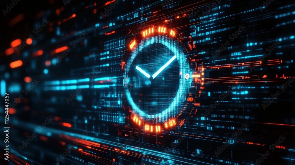 Poster digital clock concept on abstract background featuring futuristic lines and elements representing ti