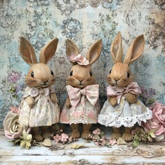 Obraz premium Three bunny figurines floral dresses studio background spring decor