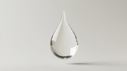 Fototapeta premium A single clear water droplet suspended in midair with a sharp pointed tip, reflecting light and purity against a white background.